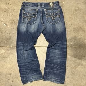 Mens Vintage Blue Wash Baggy Rock Revival Y2K Straight Jeans Size 42x32